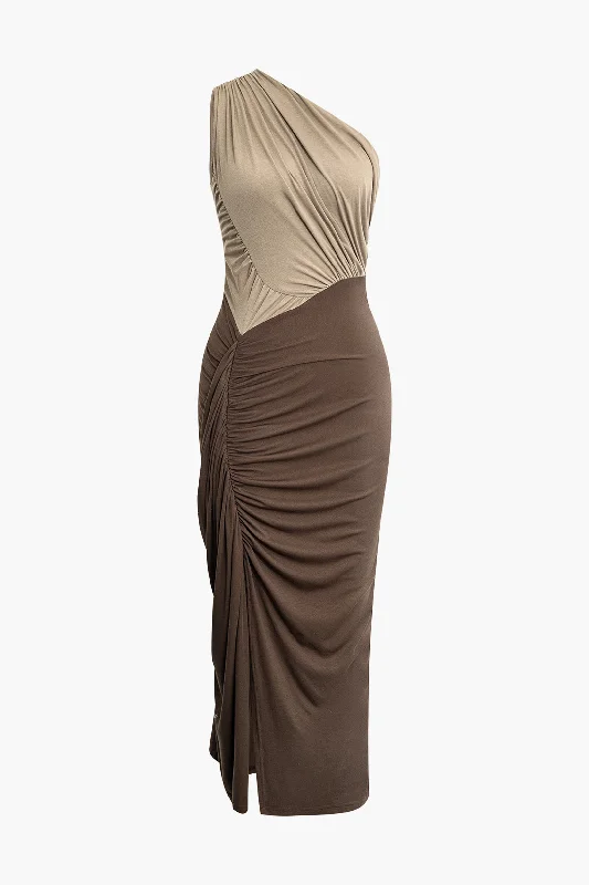 One Shouder Patchwork Ruched Slit Maxi Dress Fashionable Printed Maxi Dress