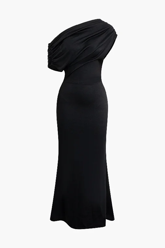 Asymmetrical One Shoulder Ruched Slit Maxi Dress Comfortable Casual Maxi Dress