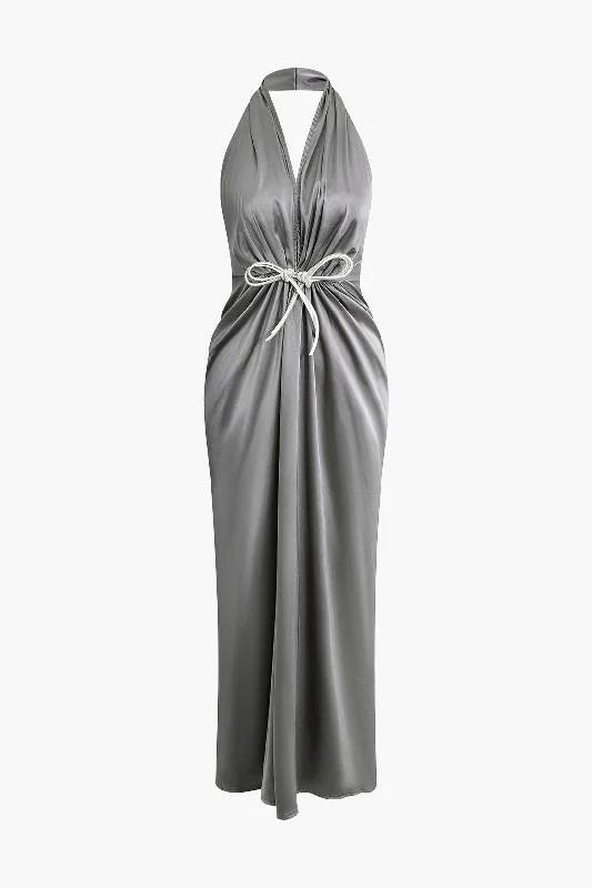 Satin Backless Halter V-neck Ruched Maxi Dress With Tie Comfortable Long-Sleeve Maxi Dress