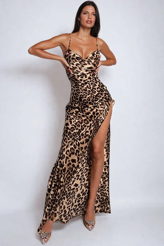 Leopard Print Cross Chain Backless Cowl Neck Slit Maxi Dress Cozy Maxi Dress with Slit
