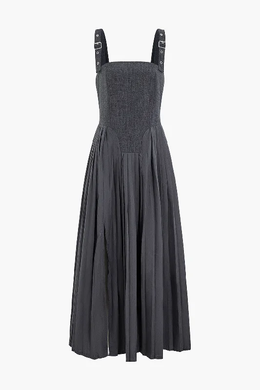Buckle Strap Pleated Bustier Maxi Dress Elegant Maxi Dress with Ruffles