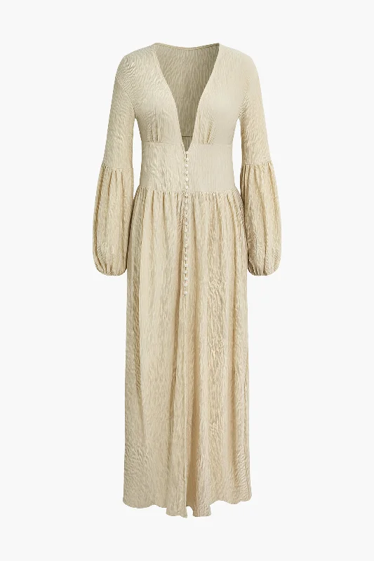 Ruched Texture Button Up V-neck Maxi Dress Classic Solid Maxi Dress