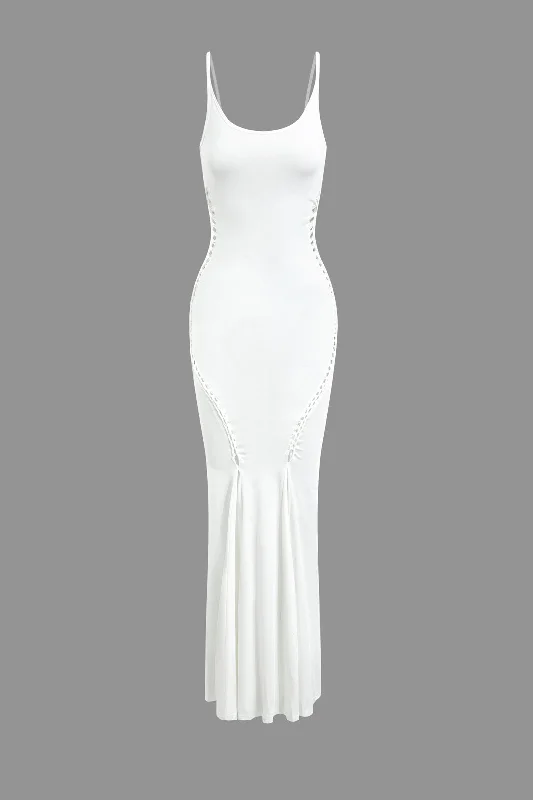Hollow Out Slip Pleated Maxi Dress Trendy Short Sleeve Maxi Dress
