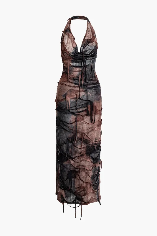 Tie Dye Distressed Mesh Slit Halter Cowl Neck Maxi Dress Comfortable Casual Maxi Dress