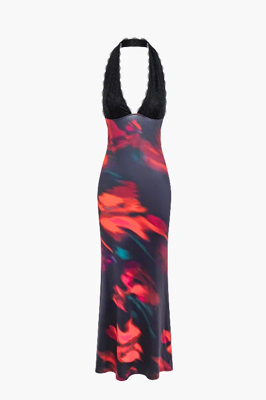 Tie Dye Halter Lace Patchwork Backless Maxi Dress Comfortable Maxi Dress with Slits