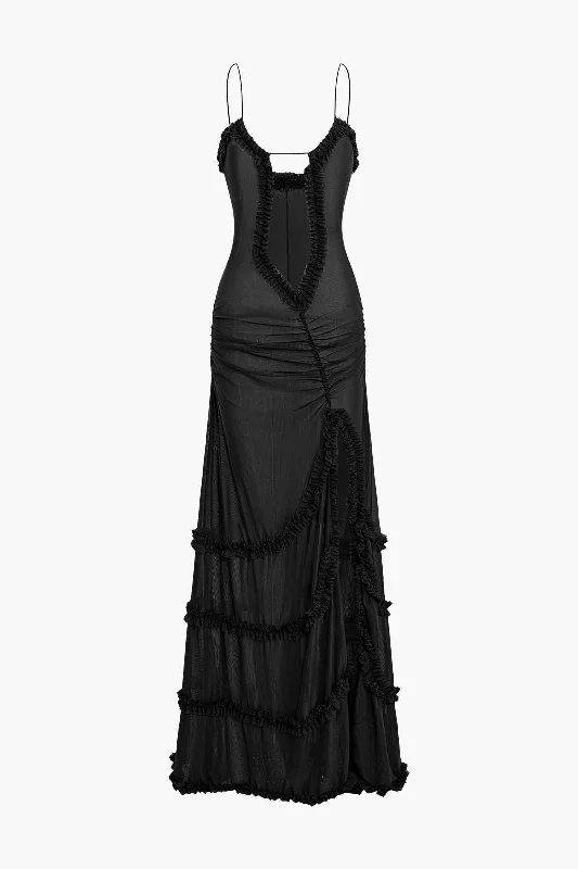 Mesh Ruched Layered Frill Slip Maxi Dress Elegant Tiered Maxi Dress
