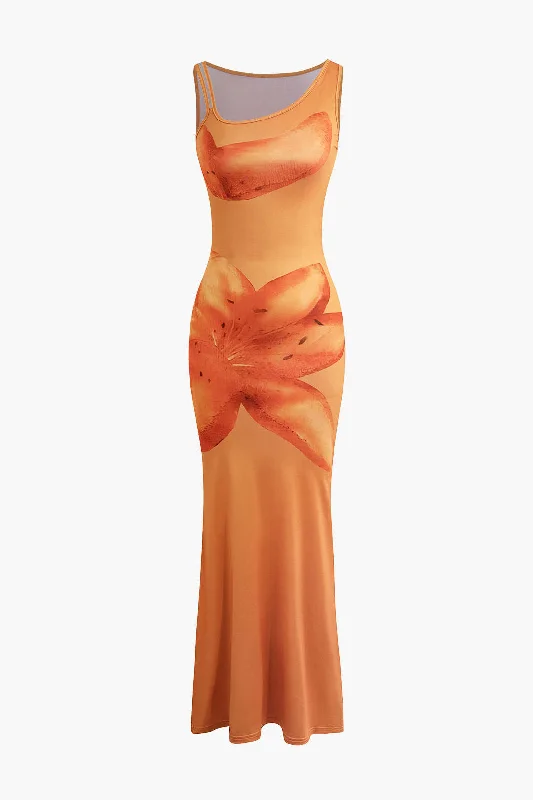 Lily Print Tank Maxi Dress Trendy V-Neck Maxi Dress