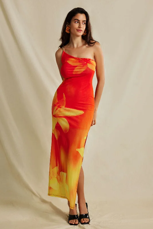 Lily Print Asymmetric One Shoulder Maxi Dress Comfortable Flowy Maxi Dress