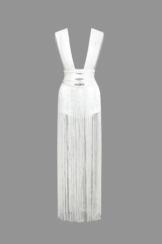 Sleeveless Tassel V-neck Backless Maxi Dress Classic A-Line Maxi Dress