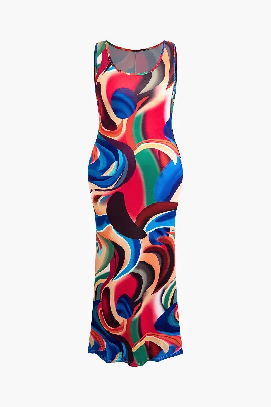 Plus Size Abstract Print Tank Maxi Dress Stylish Maxi Dress with Pleats