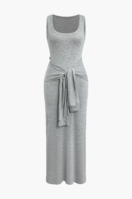 Tank Maxi Dress With Waist Tie Fashionable Chiffon Tiered Maxi Dress