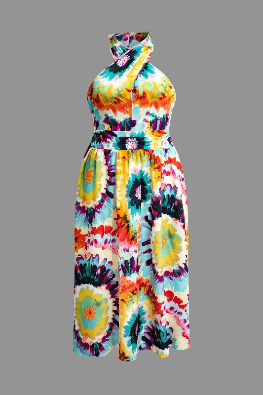 Plus Size Floral Print Halter Neck Maxi Dress Comfortable Maxi Dress with Sleeves