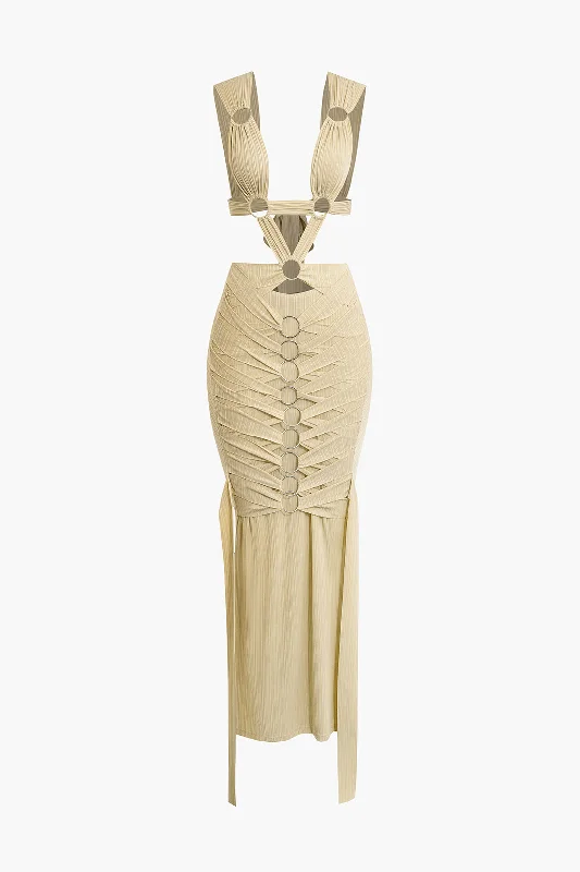 O-Ring Cut Out Ruched Maxi Dress Comfortable T-Shirt Maxi Dress