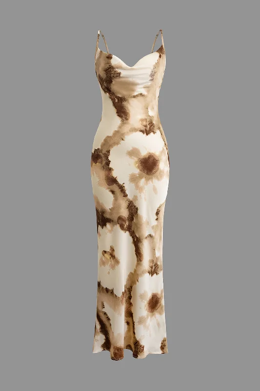 Floral Print Cowl Neck Slip Maxi Dress Elegant Velvet Maxi Dress