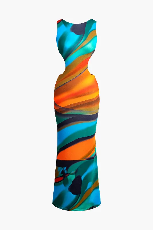 Vibrant Abstract Print Sleeveless Backless Maxi Dress Chic Sleeveless Maxi Dress