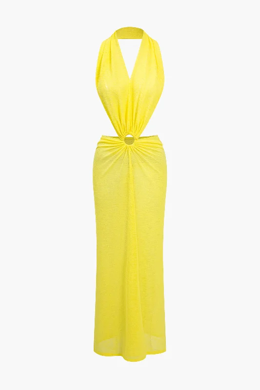 V-neck Backless Ring Halter Maxi Dress Stylish Boho Chic Maxi Dress