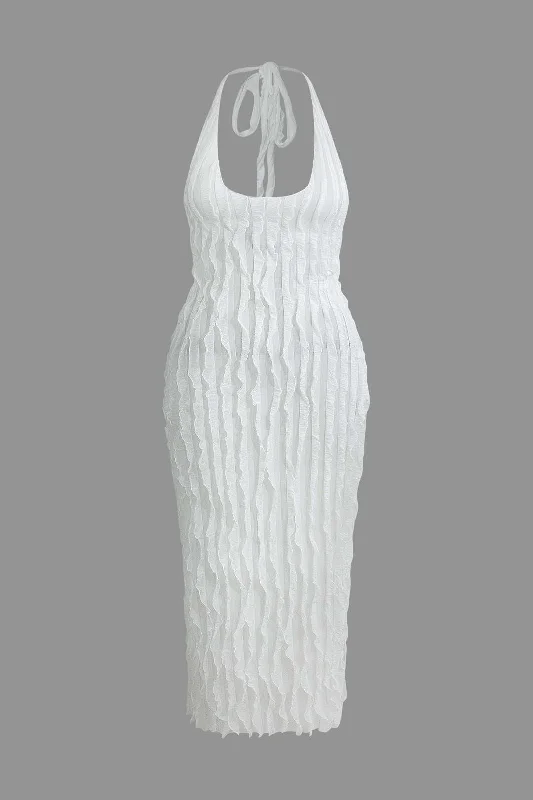 Plus Size Ruffle Texture Halter Backless Maxi Dress Cozy Cold-Shoulder Maxi Dress