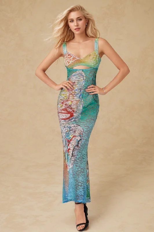 Butterfly Print Cut Out Mesh Strap Maxi Dress Stylish V-Neck Maxi Dress