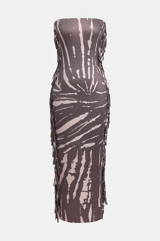 Abstract Print Fringe Strapless Maxi Dress Comfortable Ruffle Maxi Dress
