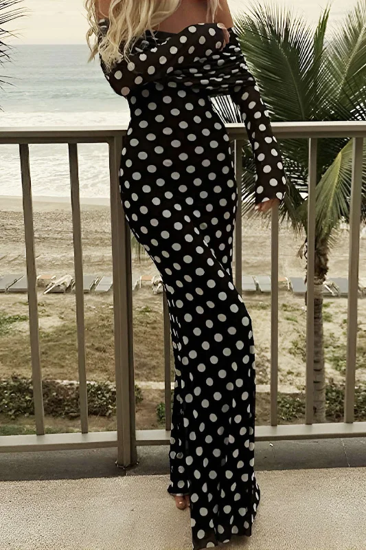 Polka Dot Print Off Shoulder Maxi Dress Elegant Boho Maxi Dress
