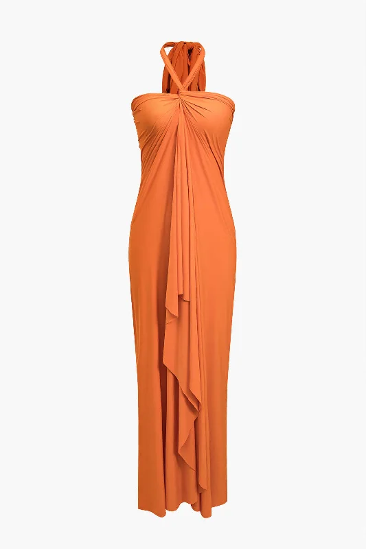 Solid Reversible Asymmetrical Tie-Up Maxi Dress Trendy Off-Shoulder Ruffle Maxi Dress