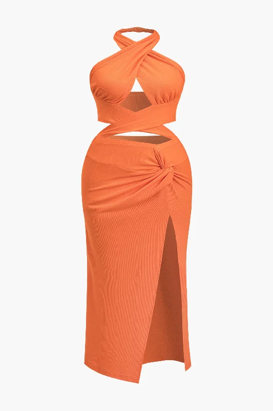 Plus Size Solid Tie Front Slit Twist Knot Maxi Dress Fashionable Open-Back Maxi Dress