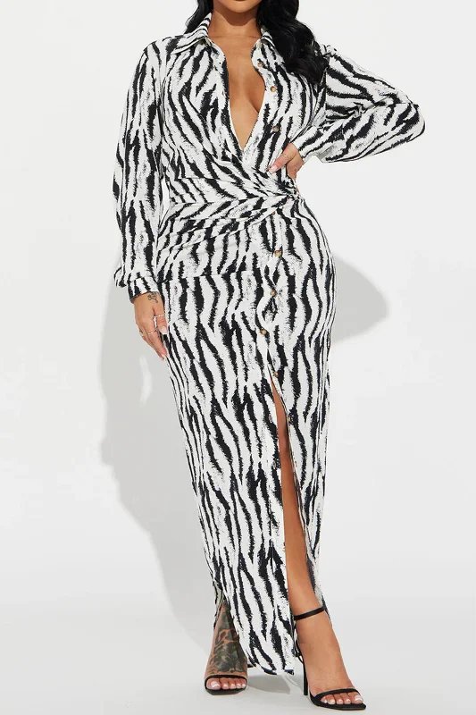Plus Size Tiger Print Button V-Neck Maxi Dress Chic Summer Floral Maxi Dress