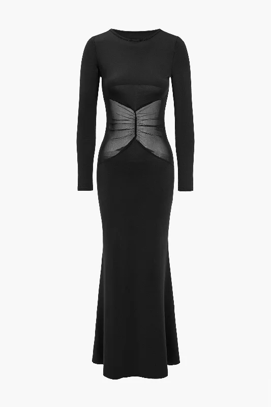 Solid Sheer Mesh Patchwork Maxi Dress Elegant Wraparound Maxi Dress