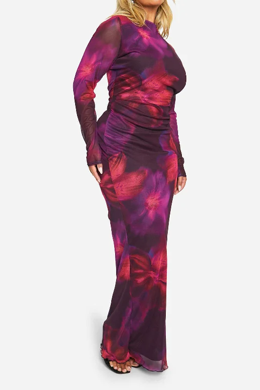 Plus Size Floral Artistic Maxi Dress Cozy Ruffle Sleeve Maxi Dress