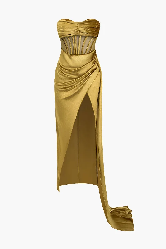 Strapless Ruched Mesh Velvet Maxi Dress Stylish Pleated A-Line Maxi Dress