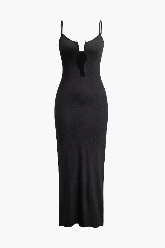 Pearl Detail V-neck Slip Knit Maxi Dress Stylish One-Shoulder Maxi Dress