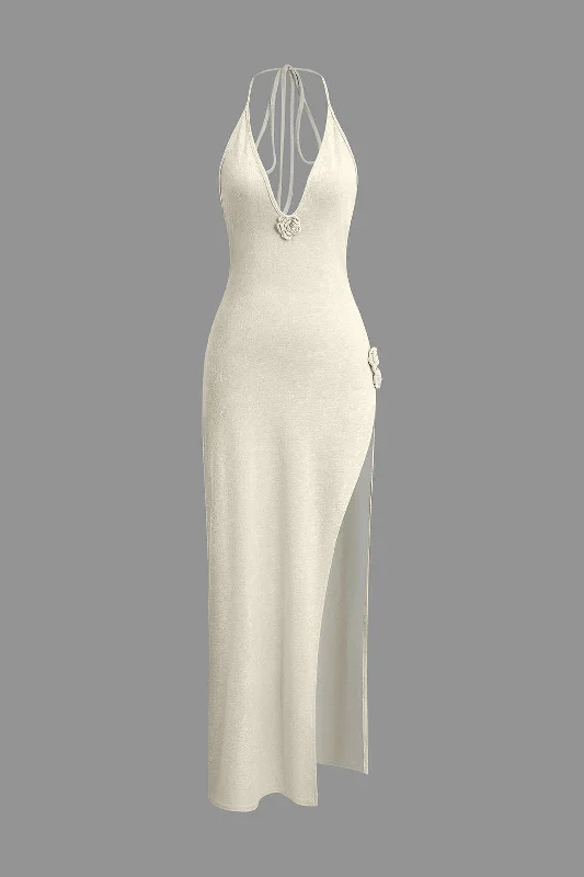 3D Floral V-Neck Backless Slit Maxi Dress Elegant Pleated Maxi Dress