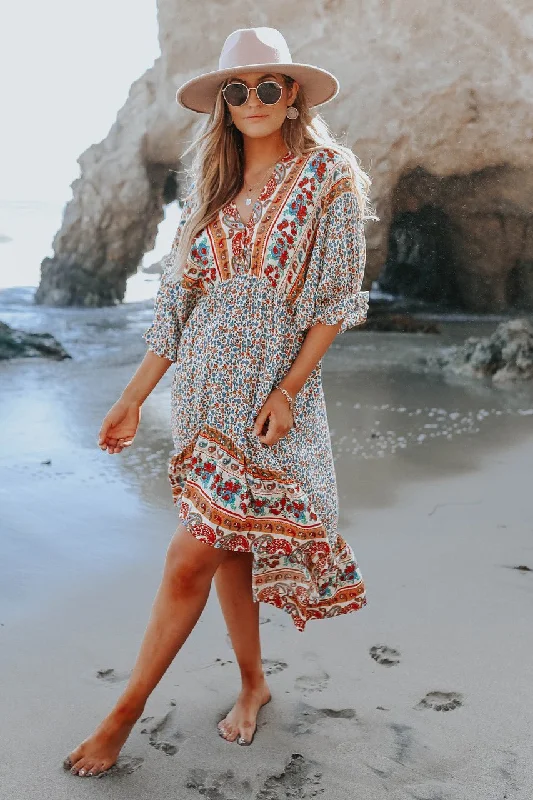 Mediterranean Mixed Floral Border Print Ruffle Hem Maxi Dress - FINAL SALE Comfortable Maxi Dress with Sleeves