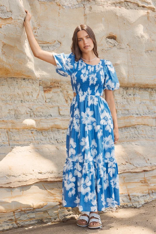 Milano Blue Hibiscus Bubble Sleeve Tiered Maxi Dress Trendy Maxi Dress with Belt