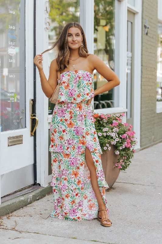 Multi Floral Strapless Slit Maxi Dress - FINAL SALE Trendy Printed Maxi Dress