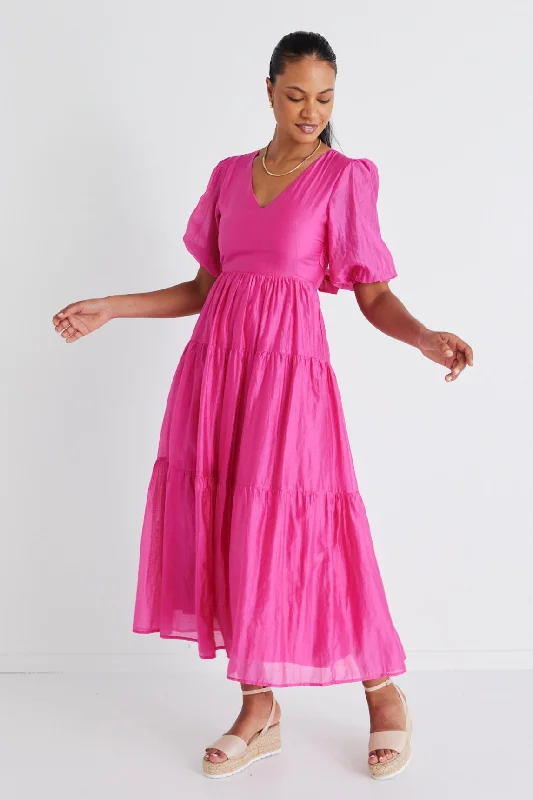 Musical Hot Pink Tie Back Puff Sleeve Maxi Dress Classic Tulle Maxi Dress