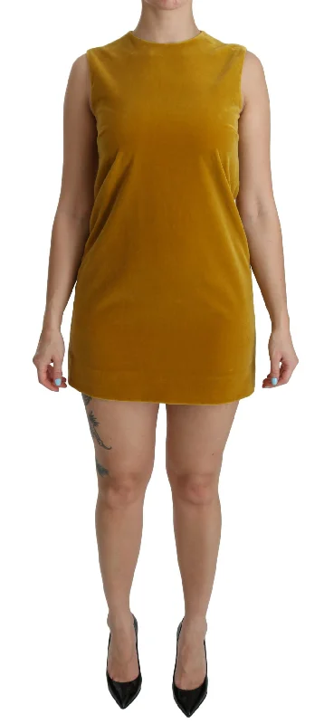 Mustard Velvet Shift Mini Dress Fashionable Pleated Mini Dress