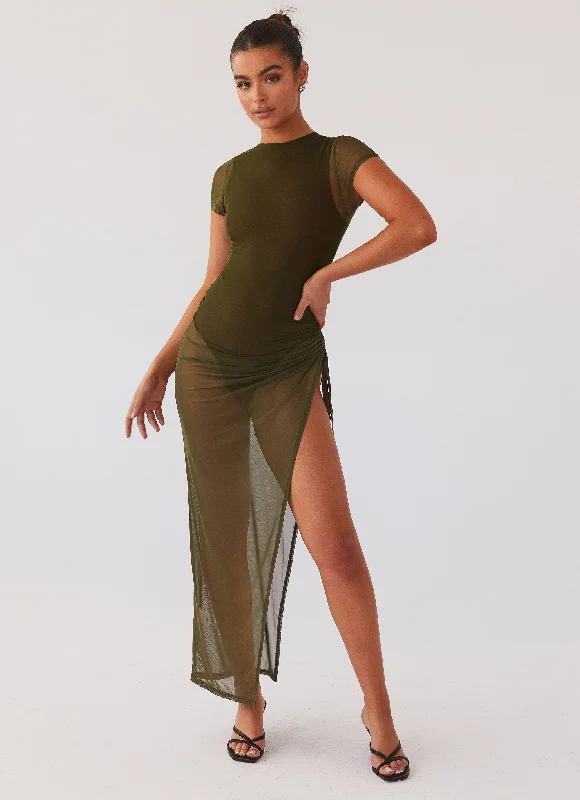 Mystery Lady Mesh Maxi Dress - Olivine Trendy Button Front Maxi Dress