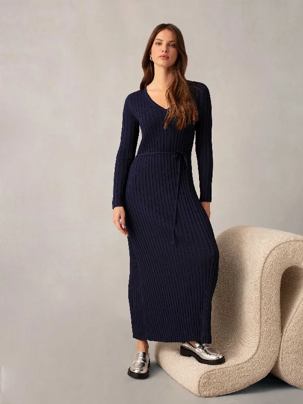 Navy Wide Rib Knit V-Neck Maxi Dress Elegant Maxi Dress with Ruffles