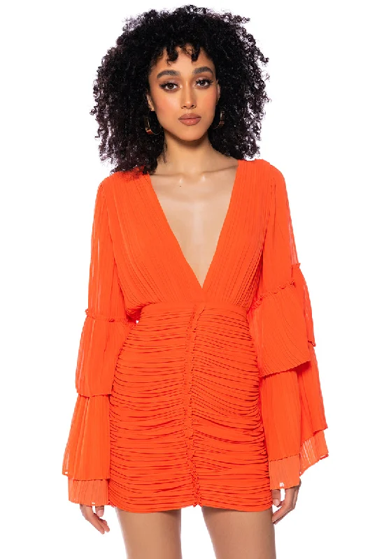 NEVER SETTLE DEEP V RUCHED LONG SLEEVE MINI DRESS Chic Puff Sleeve Mini Dress