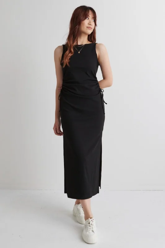 Night Out Black Rib Rouched Sleeveless Maxi Dress Elegant Maxi Dress with Ruffles