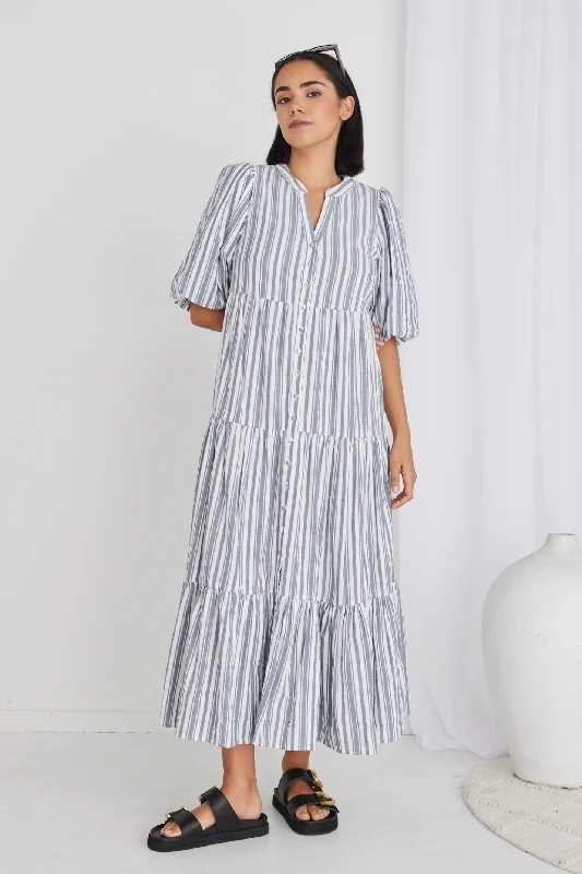 Noya Navy Stripe Puff Ss Buttoned Tiered Maxi Dress Comfortable Ruffle Maxi Dress