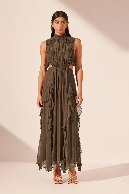 ODEN BACKLESS FRILL MAXI DRESS - OLIVE Fashionable Sleeveless Maxi Dress