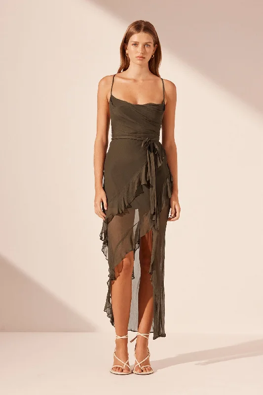 ODEN COWL NECK ASYMMETRICAL MAXI DRESS - OLIVE Chic Summer Floral Maxi Dress