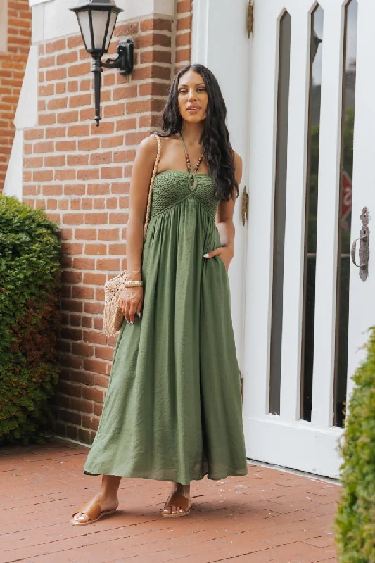 Olive Halter Beaded Ruched Maxi Dress - FINAL SALE Elegant Maxi Dress with Ruffles