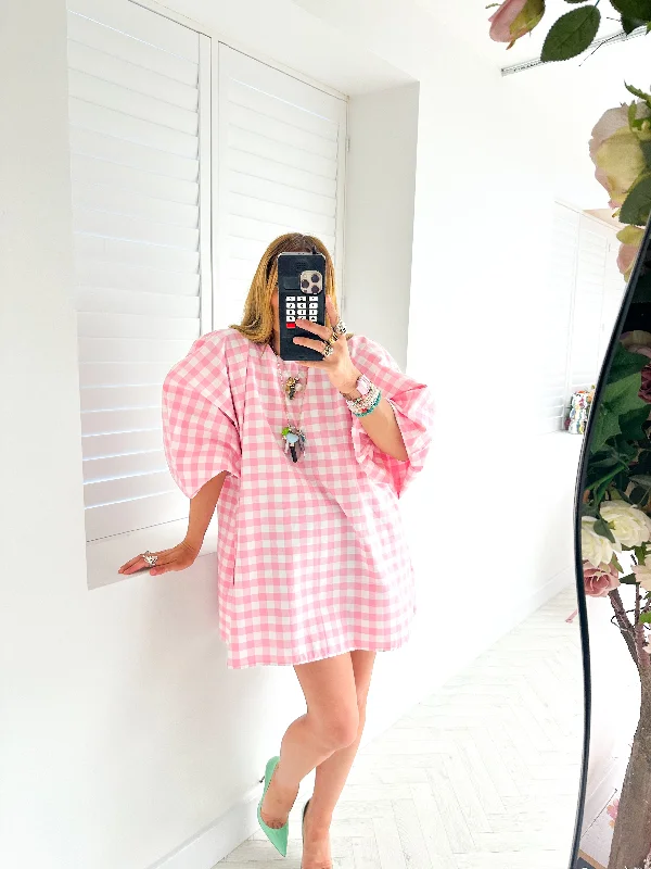 Olivia Puff Sleeve Mini Dress In Pink Gingham Comfortable Smocked Mini Dress