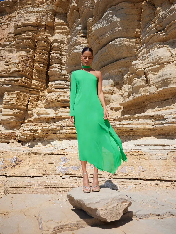 Oona Green Chiffon One Shoulder Maxi Dress Stylish Empire Waist Maxi Dress