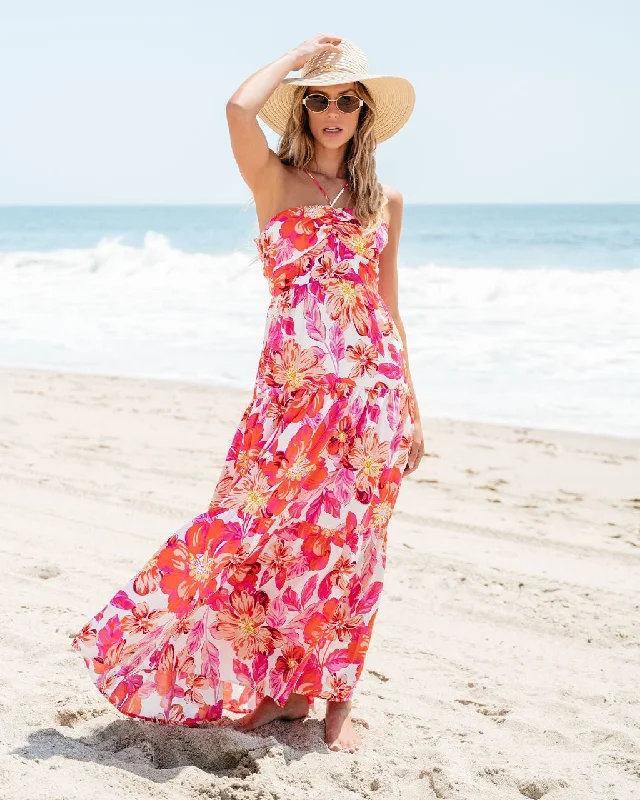 Orange Floral Print Halter Maxi Dress - FINAL SALE Trendy Maxi Dress with Belt