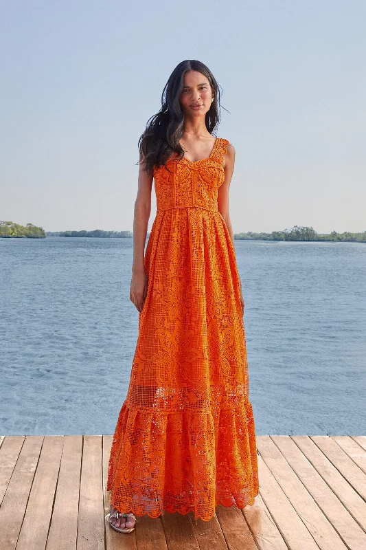 Orange Guipure Sleeveless Maxi Dress Stylish Off-Shoulder Maxi Dress