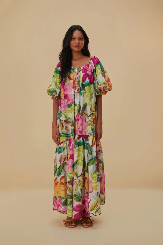 Off-White Painted Flowers Maxi Dress Elegant Tiered Maxi Dress